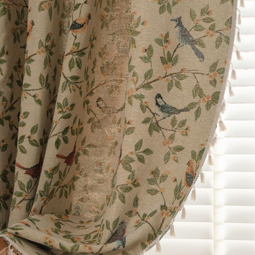 USTIDE Farmhouse Cotton Linen Curtains Light Filtering Curtains Pastoral Tassels Floral and Birds Print for Bedroom Living Room Office 150x160cm - Image 4