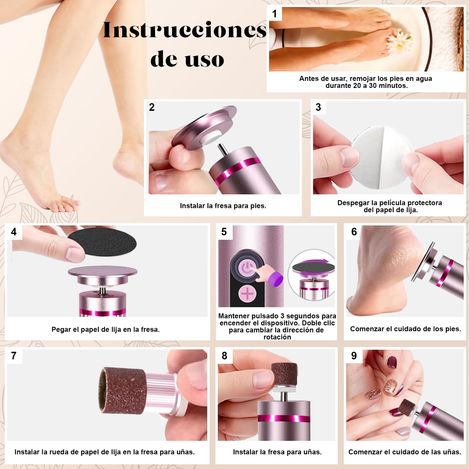 Quita Callos Eléctrico 2 en 1, Quita Callos Eléctrico de 9 Velocidades para Pies con 30 Hojas de Lija, Recargable con Tipo C para Callos, Talones Agrietados y Piel Dura (Rosa)