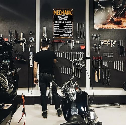 Miniatura 3 de Bestylez Regalos de Mecánico para Hombres Papá y Esposo Divertido Signo de Mecánico Tarifa por Hora Reproducción Signo de Metal Vintage para Cueva