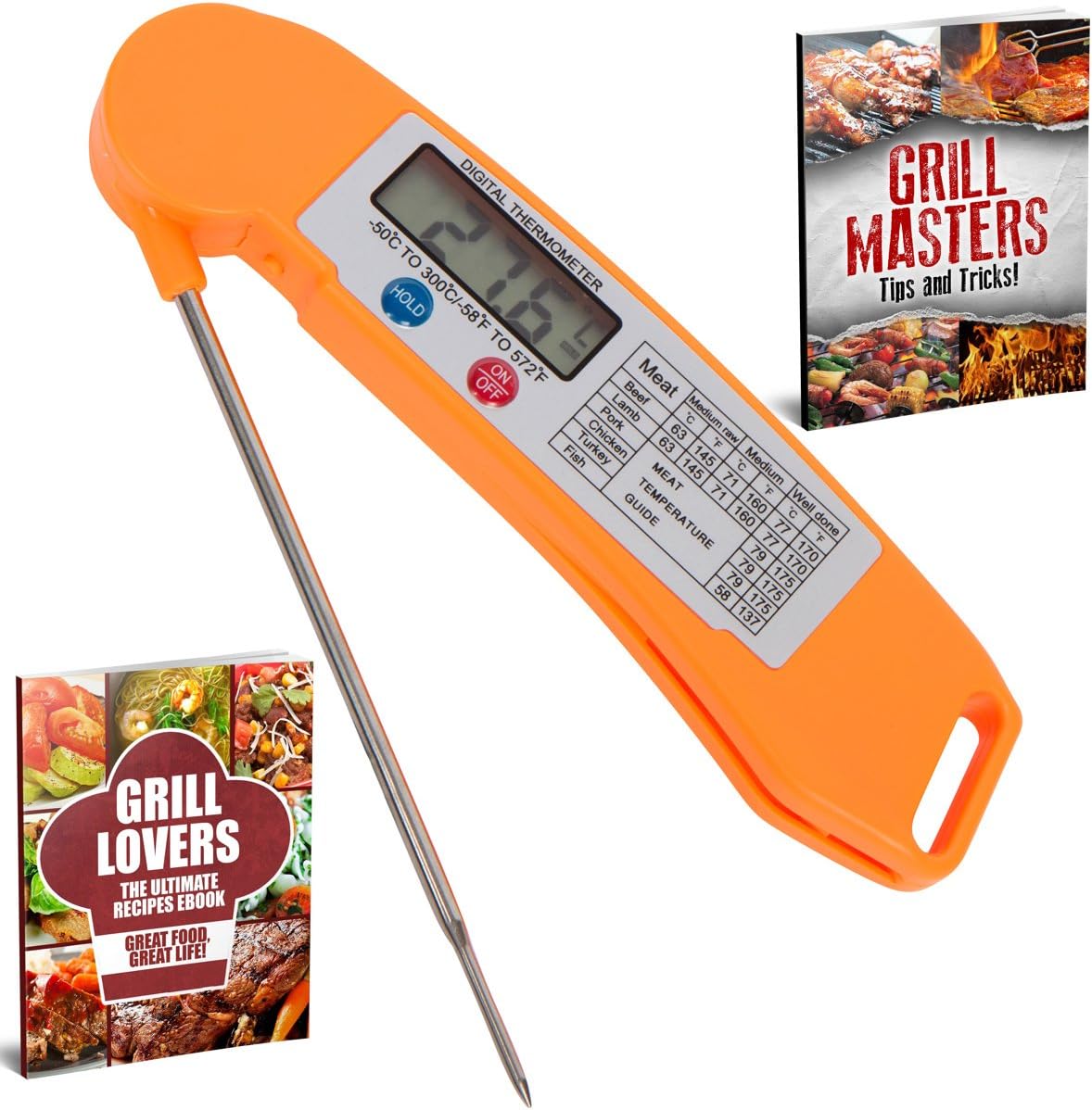 Grill Lovers Digital Instant Read Cooking Thermometer with Long Probe - Small (Orange)