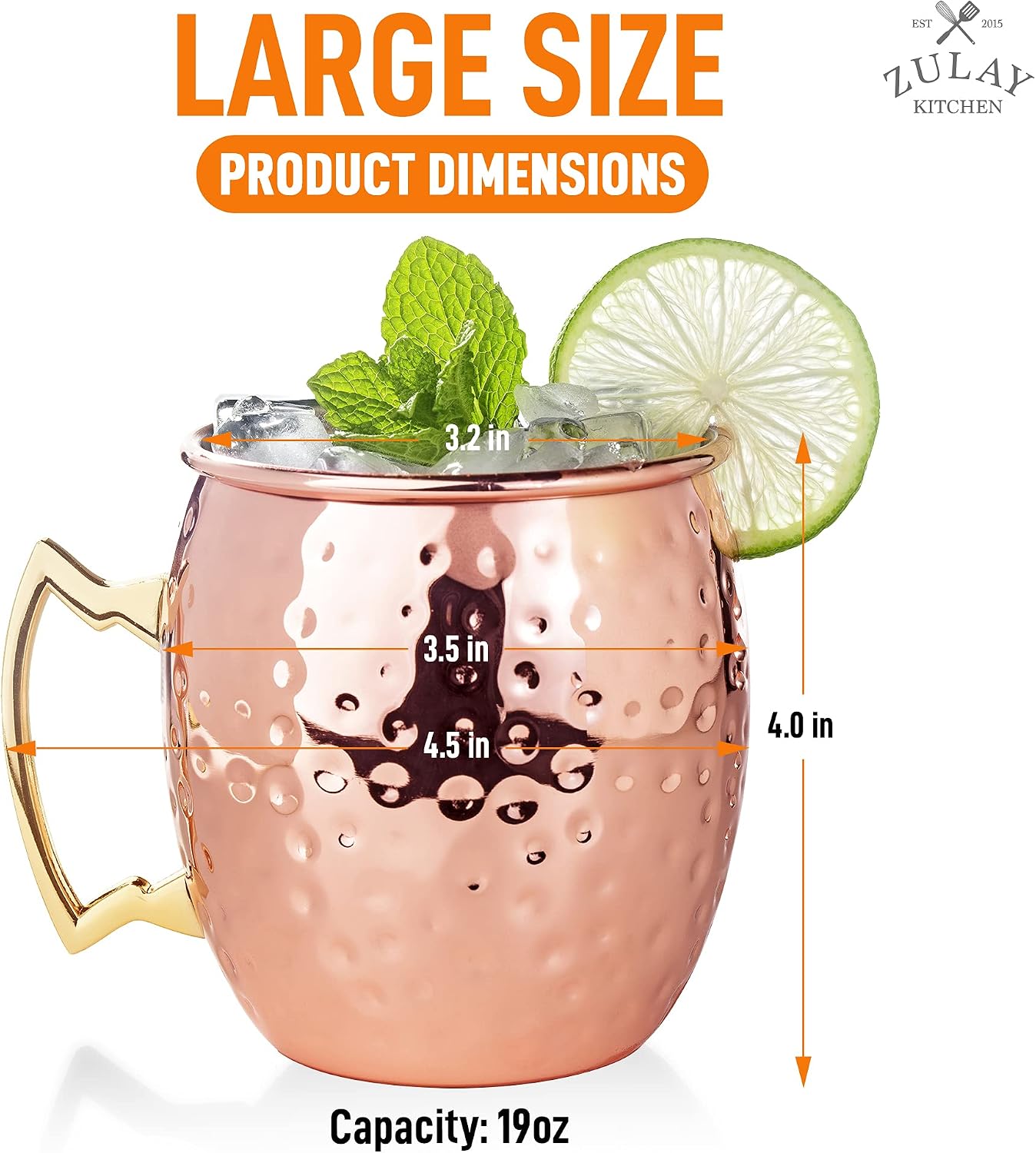 Zulay Copper Mugs Moscow Mule Set Of 4-16oz Handcrafted Moscow Mule Mugs with Hammered Finish - Pure Solid Copper Moscow Mule Cups Set Of 4 Includes 1 Shot Glass, 4 Straws & 1 Cleaning Brush