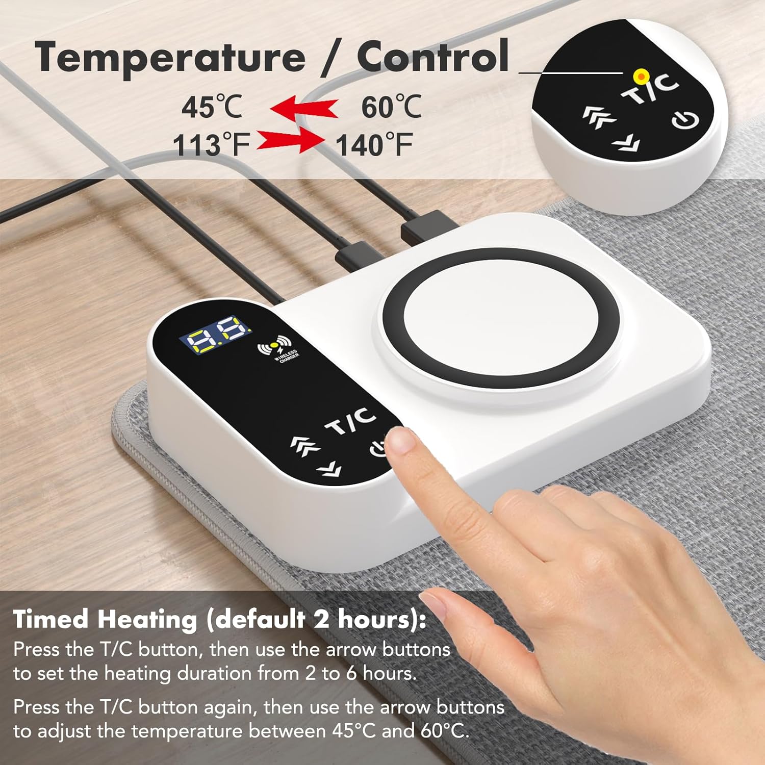 Heated Desk Pad, 10s Fast Heating Desk Mat with Integrated 15W Wireless Charging for Phone/Earbuds, 31.5" x 13" Waterproof Mouse Pad, 2-6H Auto-Stop, Precision 1-Degree Temp Control
