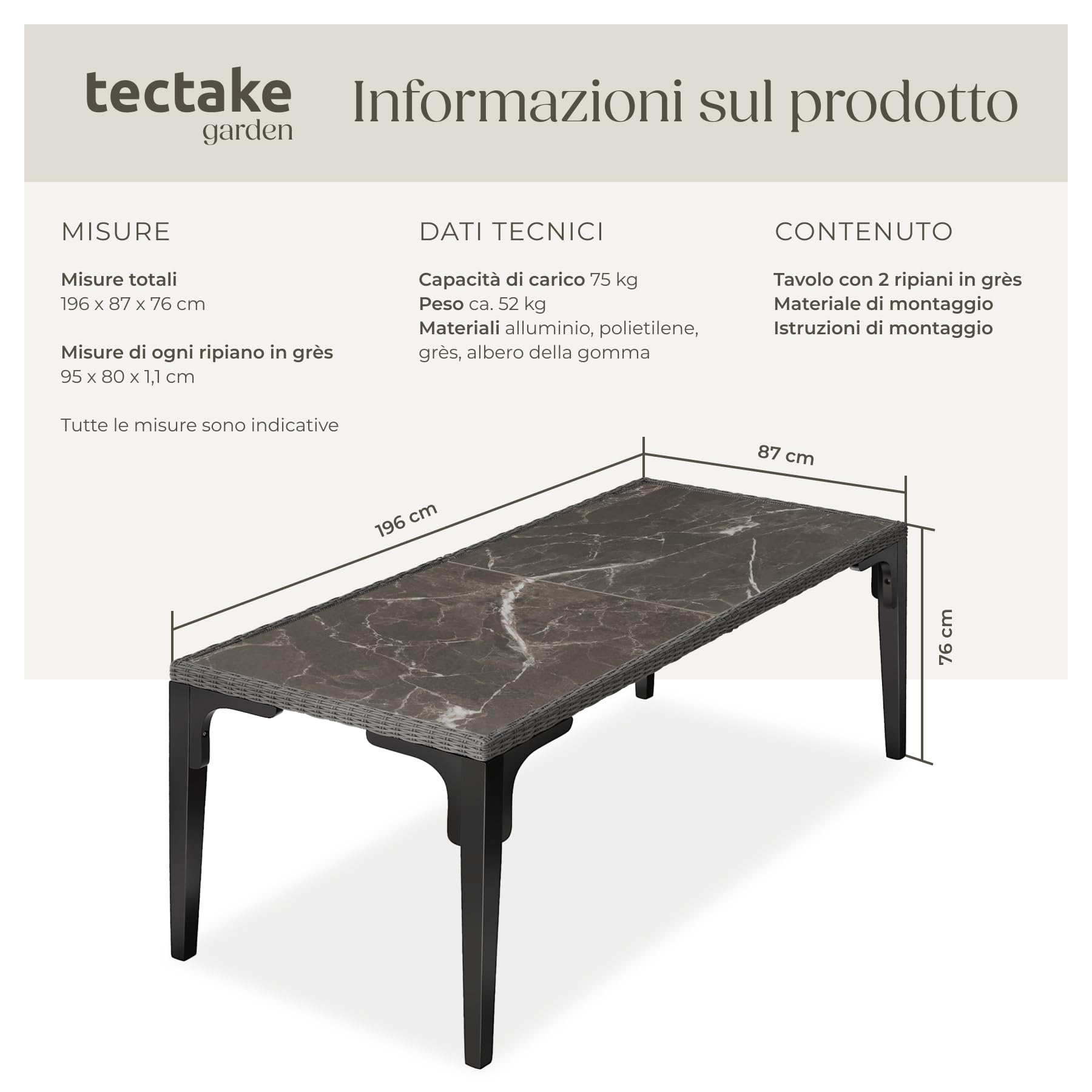 tectake® Tavolo da Esterno in Rattan, Tavolo da Giardino con Intreccio Pregiato, Tavolino Salotto con Telaio in Alluminio e Legno Massiccio, 2 Lastre in Gres Porcellanato - Grigio