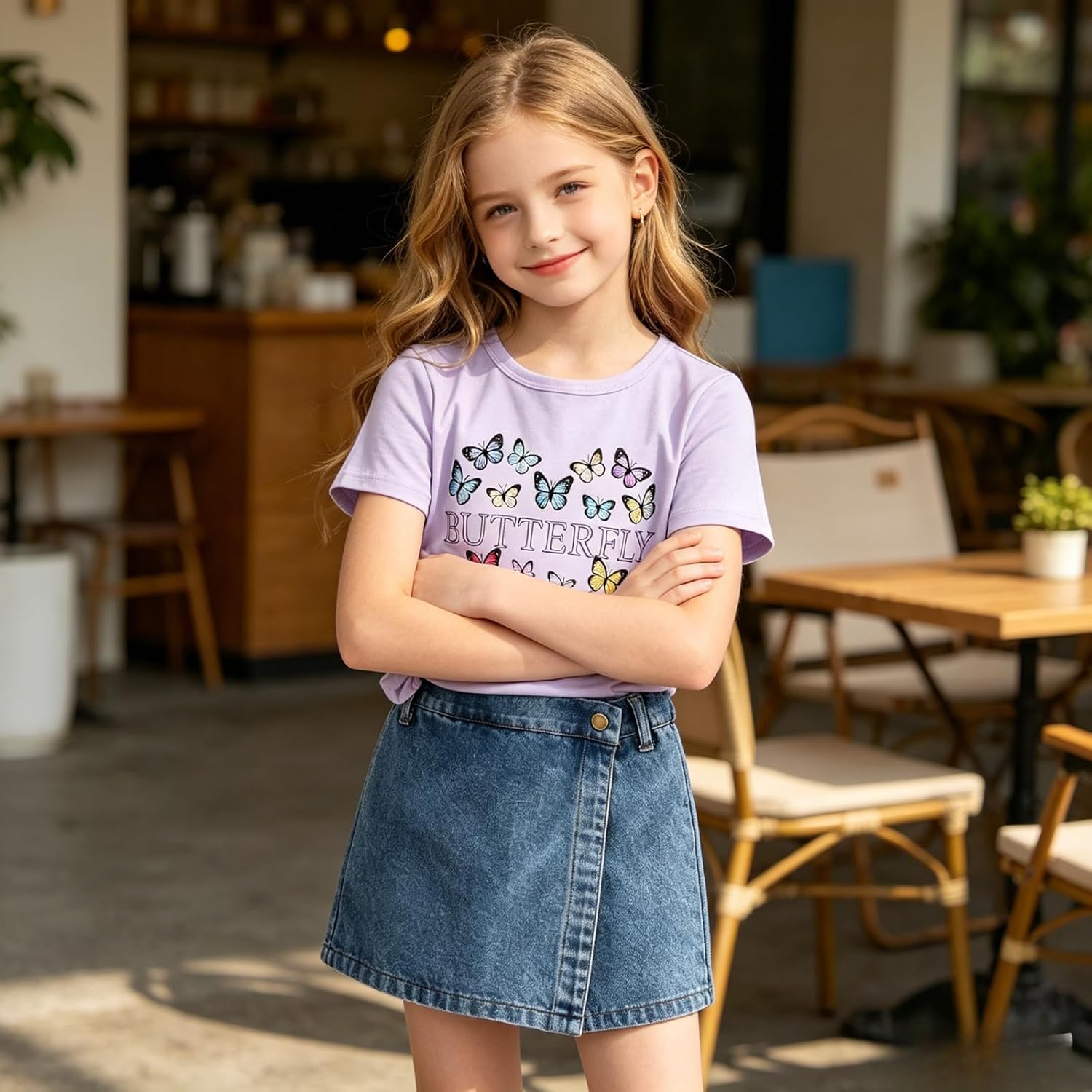 Girls Summer Clothes Butterfly Print Short Sleeve Tops and Denim Skirt Shorts Set Cute Outfits for Kids Girls 5-12Y
