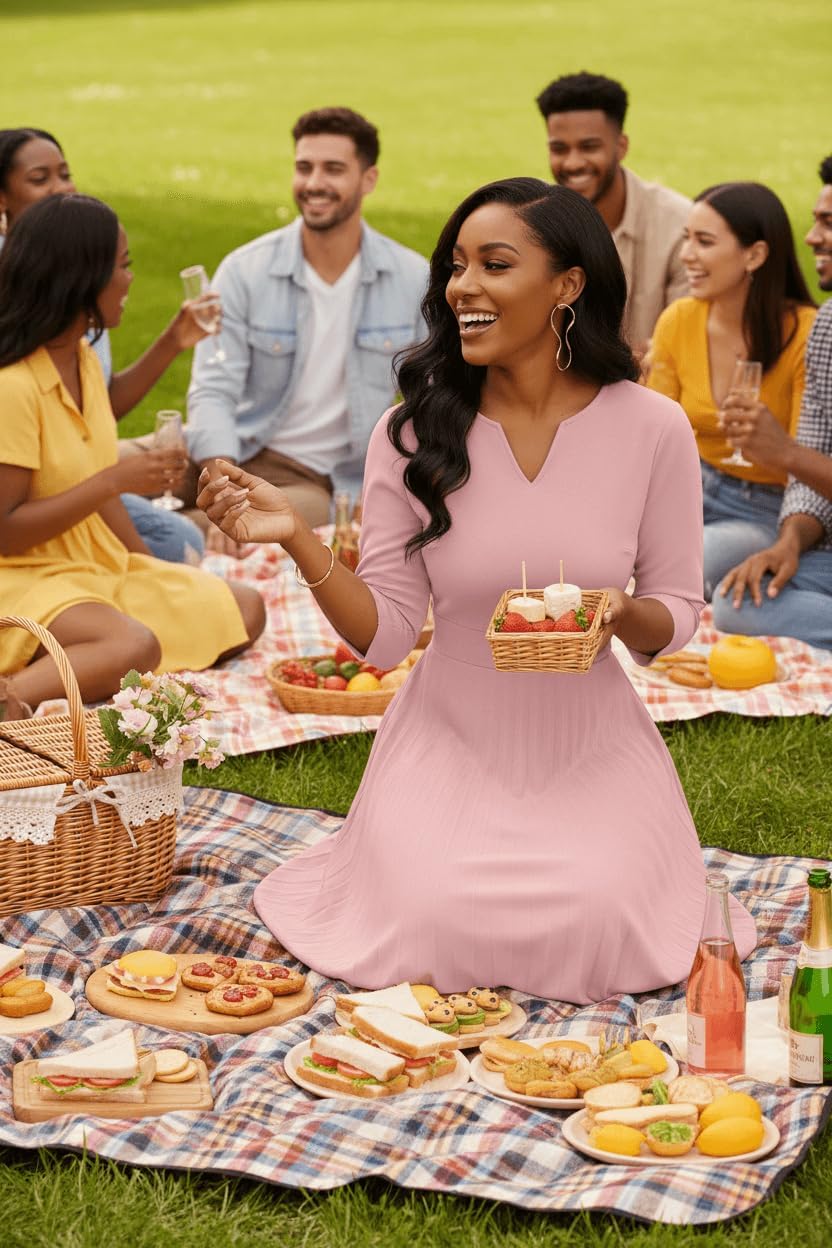 Nmoder Midi Dresses for Women - 3/4 Sleeve Pleated A Line V Neck Church Cocktail Wedding Guest Dress with Pockets - Image 3