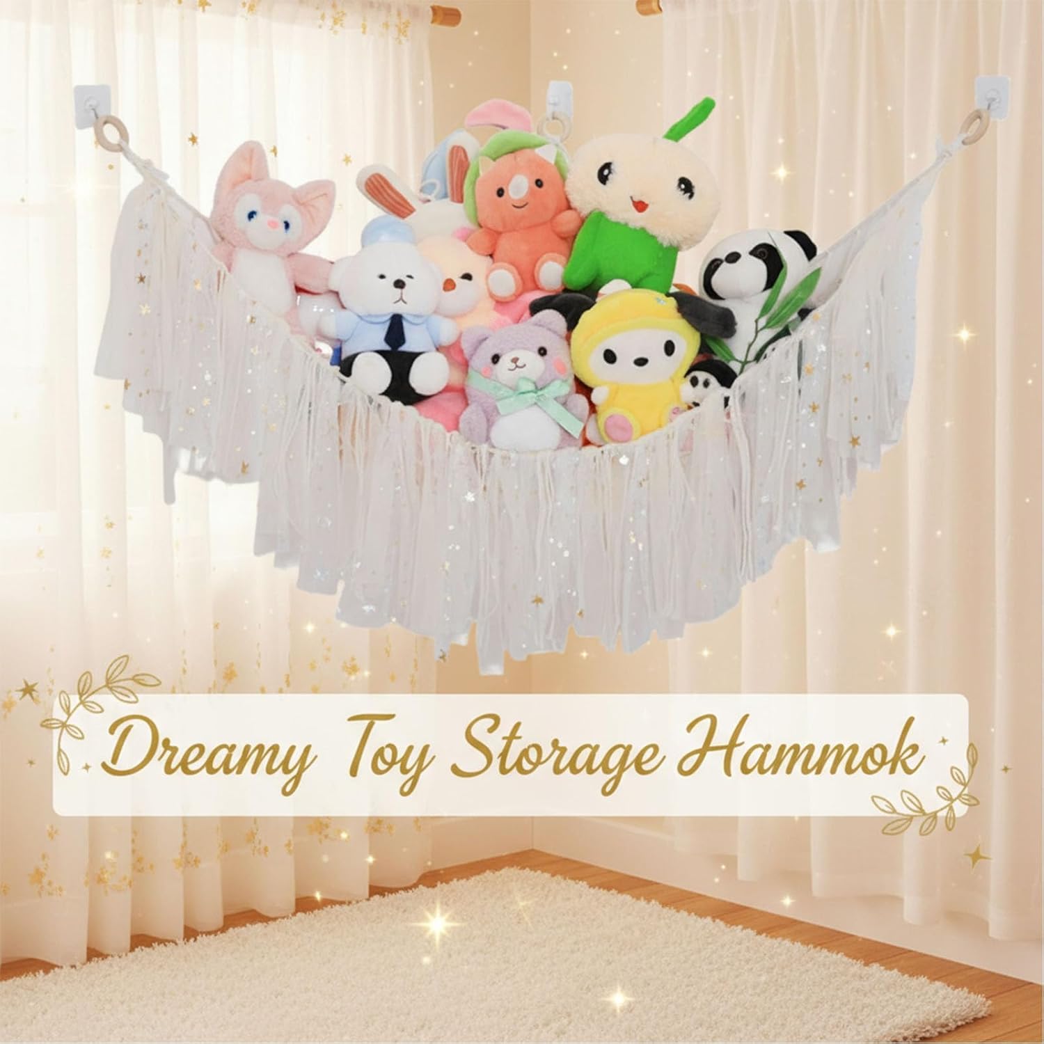 2-Pack Stuffed Animal Storage,Net or Hammock with Led Light,Corner Toy Hammock Hanging,Cute Stuff Animal Organizer Plush Holder,Nursery Hanging Organizers,for Kids Bedroom/Room Decor (Beige)​