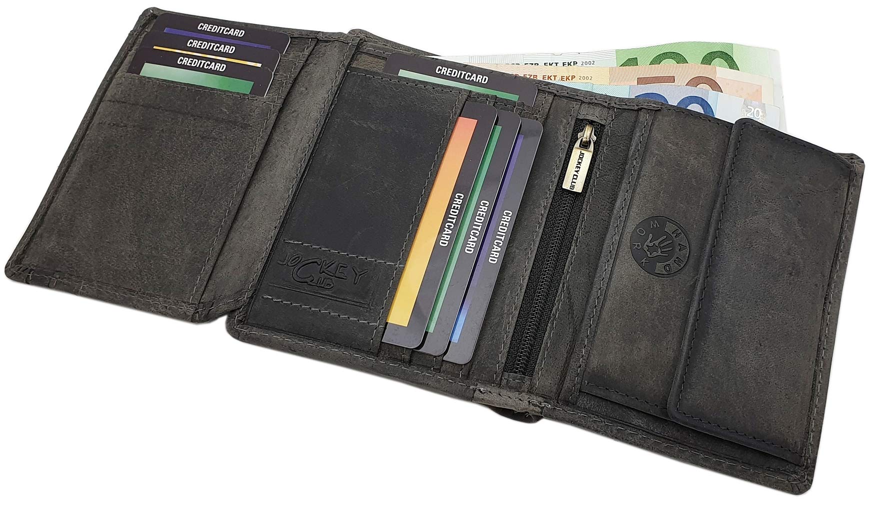 Cuero de búfalo Motero Monedero con Cadena metálica con Calavera Motivo con Bloqueo RFID y NFC (Gris Vintage)