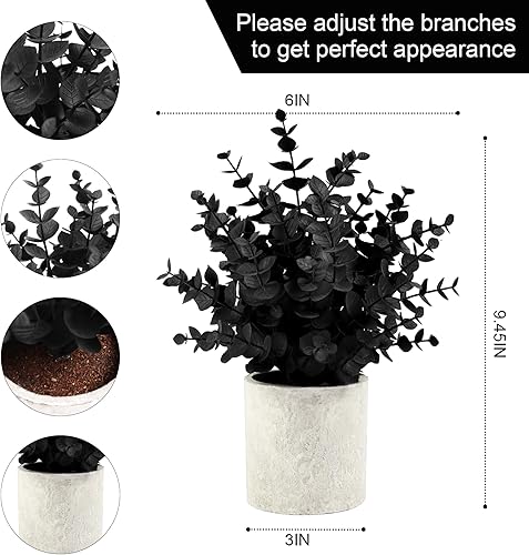 Miniatura 6 de Paquete de 2 plantas artificiales pequeñas de eucalipto negro en maceta para decoración de Halloween, estantes, escritorio, hogar, casa de campo,