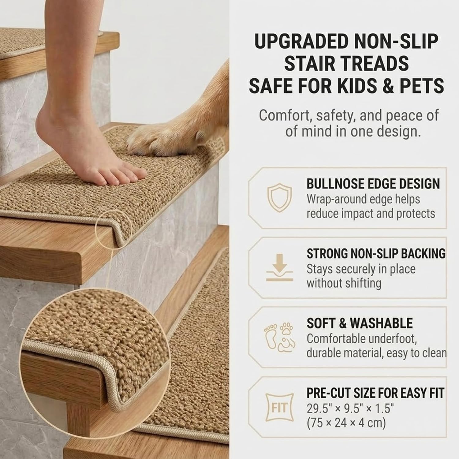 Bullnose Carpet Stair Treads, 29.5"x9.5"x1.5", 14pcs, Camel | Wood stair compatible, washable & reusable self-adhesive anti-slip mats, anti-slip for pets up and down stairs