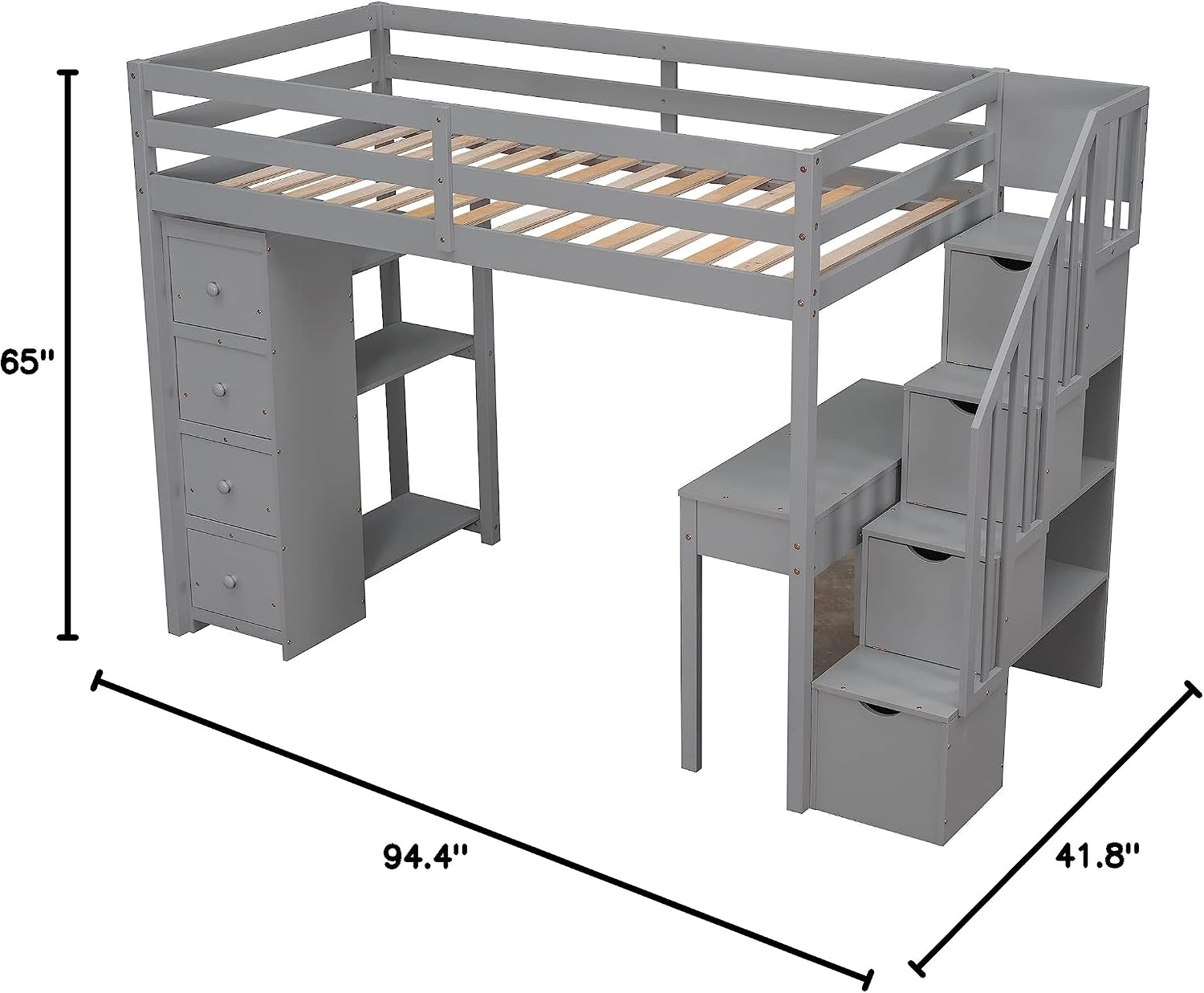Merax Loft Bed Twin with Desk and Storage Stairs, Space-Saving Wood Bed Frame with Drawers and Shelves, for Teens Adults (Grey)