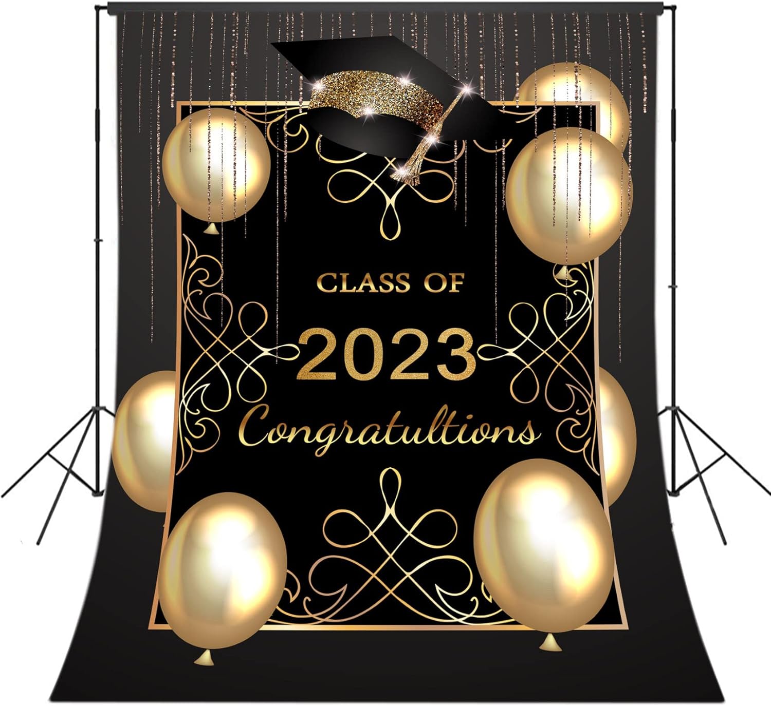 8x10ft Class of 2023 Graduation Ceremony Backdrop for Photoshoot Gold Balloon on Black Photography Background 2023 Congrats Grad Prom Party Backdrop Cake Table Decoration Photo Booth Props