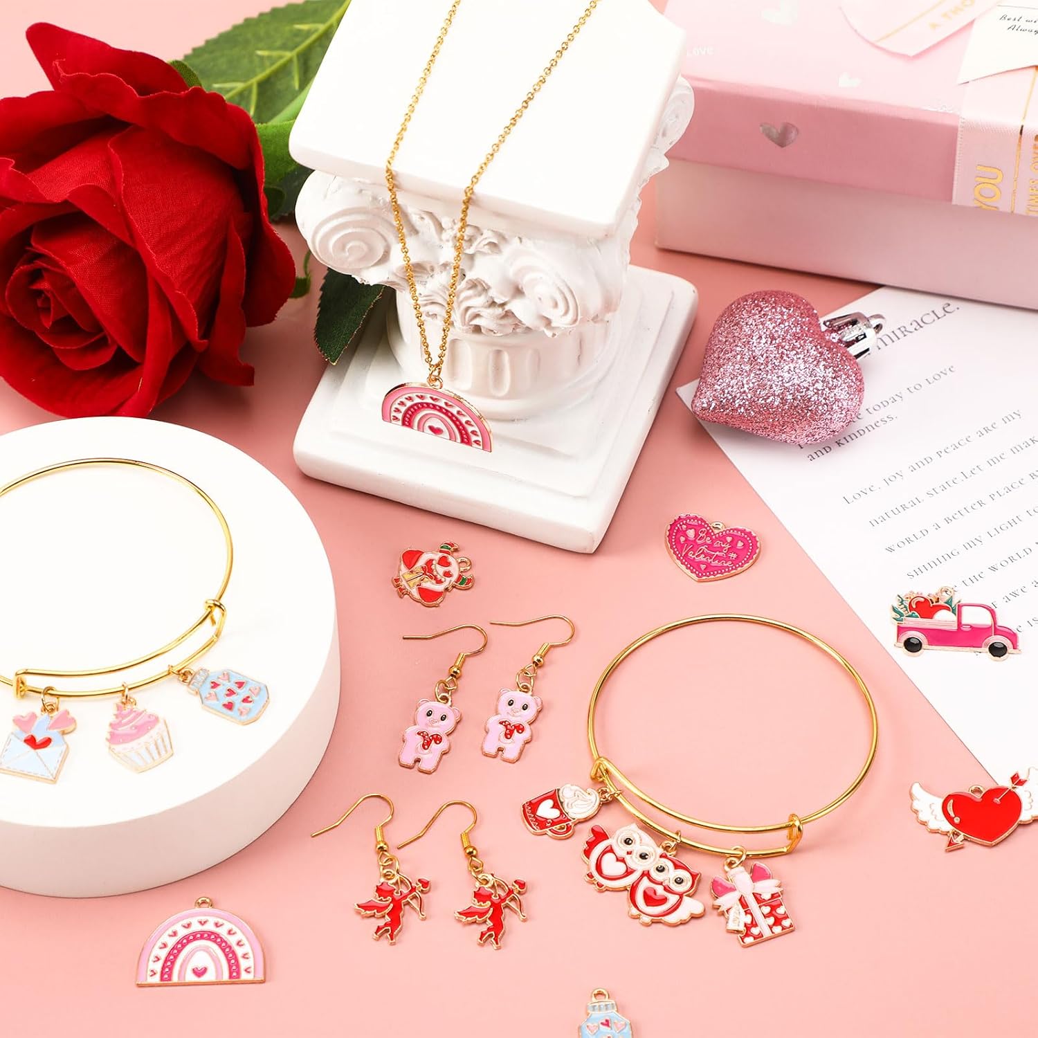 MARFOREVER 40 Pcs/20 Pairs Valentines Charms for Jewelry Making, Heart Charms for Jewelry Making Gold Enamel Red Pink Romantic Love Charm Pendants for Valentine's Day Bracelet Necklace Earrings Making - Image 2