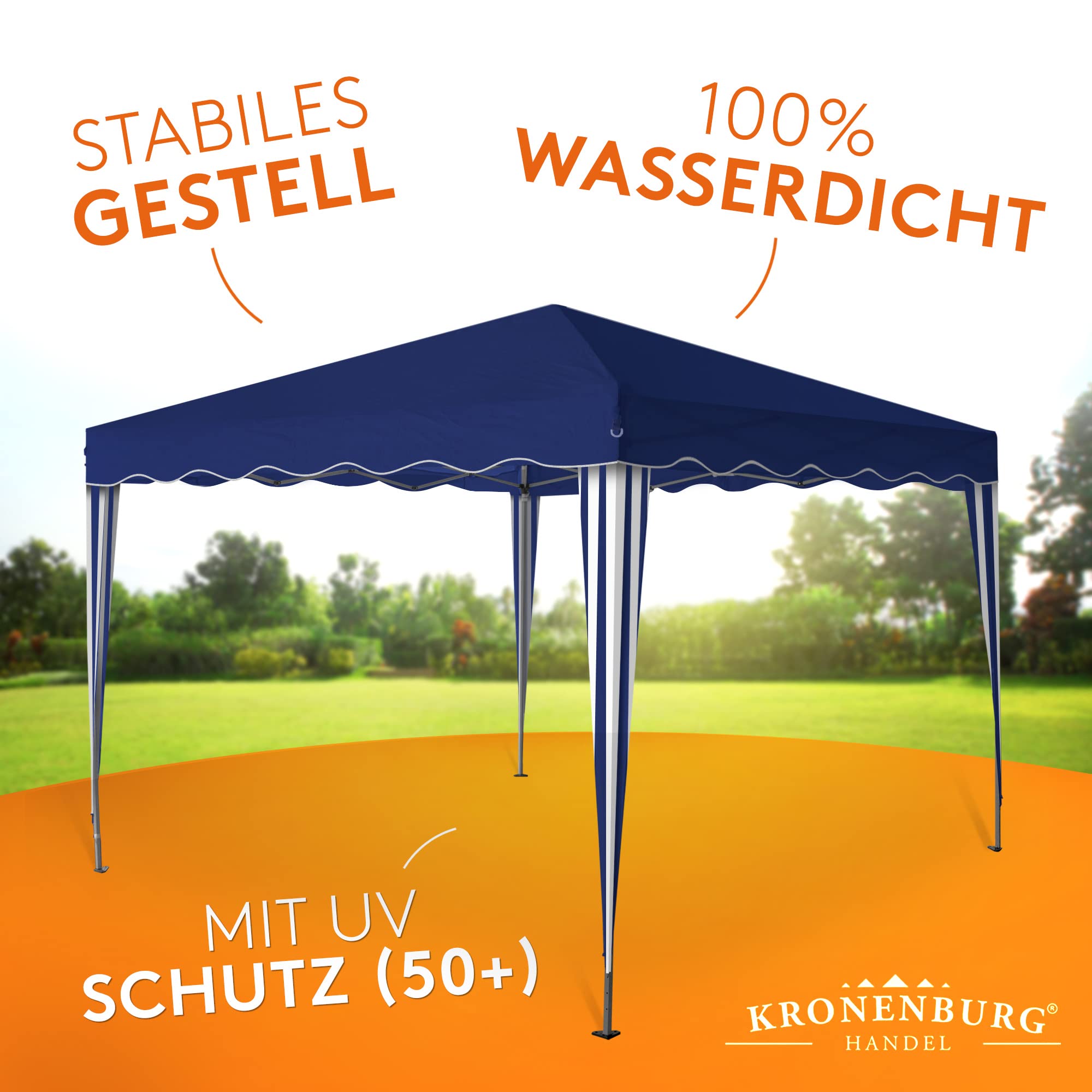 Kronenburg Cenador Plegable 3x3m - Impermeable Protección UV 50+, Estructura de Acero - Azul, con 4 Paredes Laterales