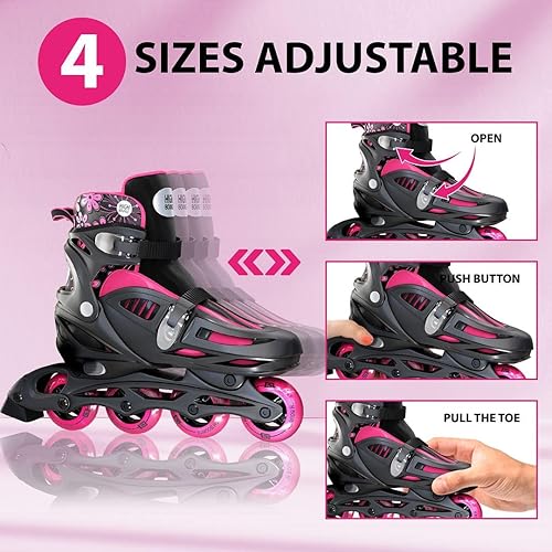 Miniatura 4 de Patines en línea para niñas y niños, con rodilleras, coderas y muñequeras, ruedas de gel, tamaño ajustable, para hombres, mujeres, niñas, niños