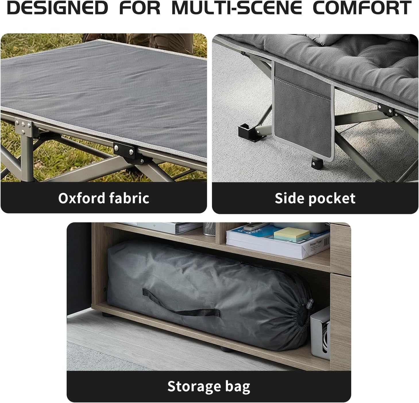 Camping Cot, Camping Cot for Adults, Heavy Duty Folding Bed with Mattress，Portable Cot Bed with Carry Bag, Outdoor & Home Office Nap, Max Load 600 LBS, Grey