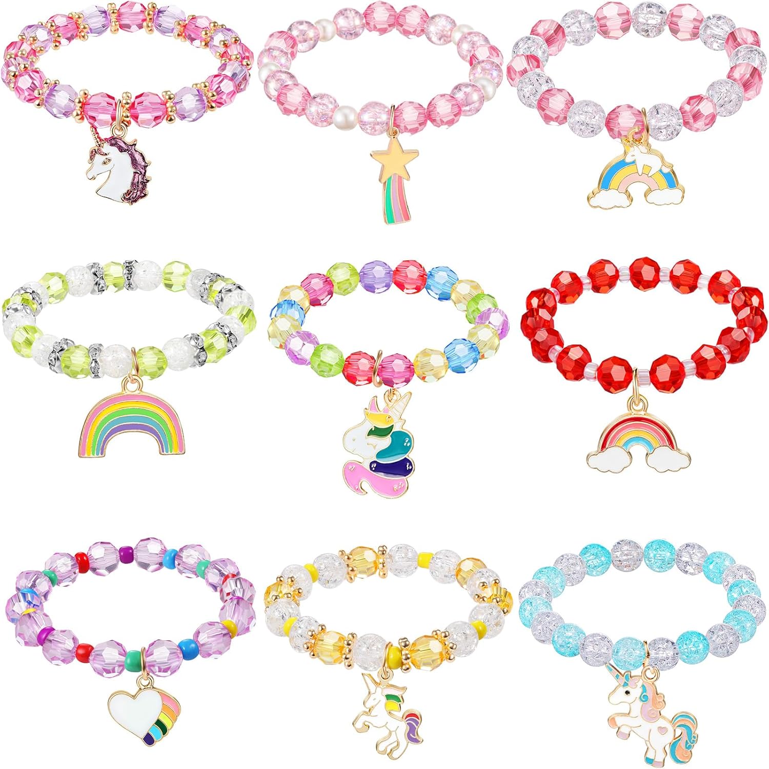 Hicarer 9 Pcs Unicorn Rainbow Bracelets Beaded Jewelry for Unicorn Party Favors Gala Accessories Piñata Stuffers Goodie Bag Fillers Gift(Classic Style)