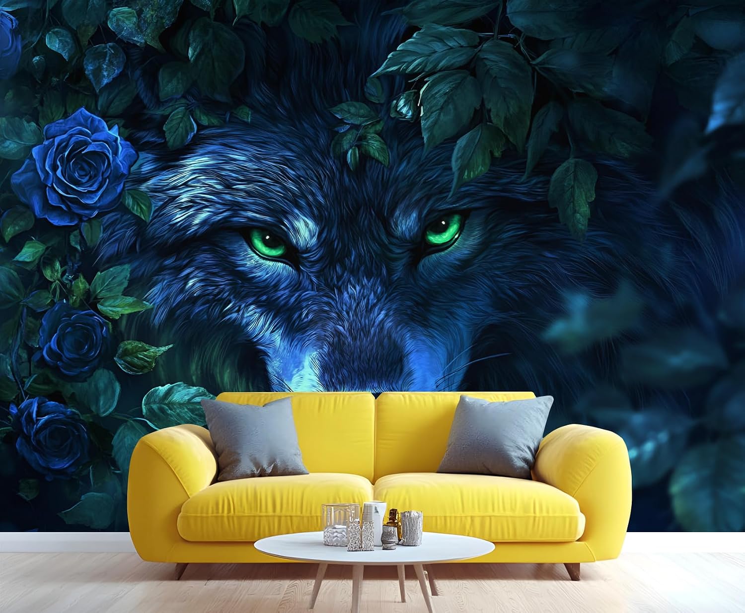 Wolf 3D Custom Wallpaper, Animal Wall Paintings, Blue Rose Background Wallpaper for Bar Pub Restaurant Kids Room, 103" x 69" (Not Peel and Stick)