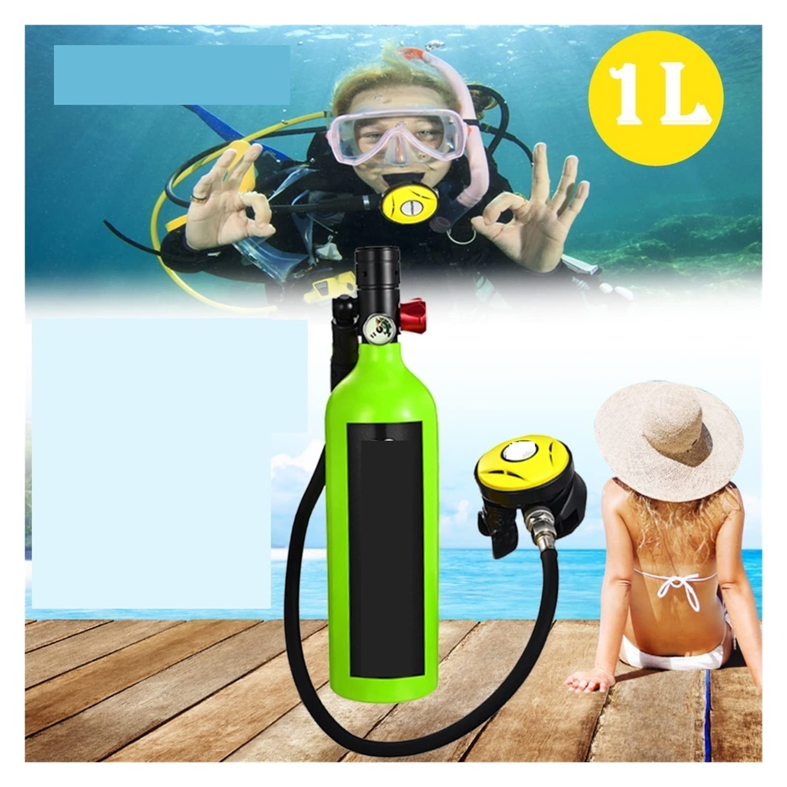 Respiratore subacqueo con cilindro di ossigeno, attrezzatura subacquea portatile per uso adulto, capacità 1 L, attrezzatura per il tempo libero all'aperto sicura e affidabile