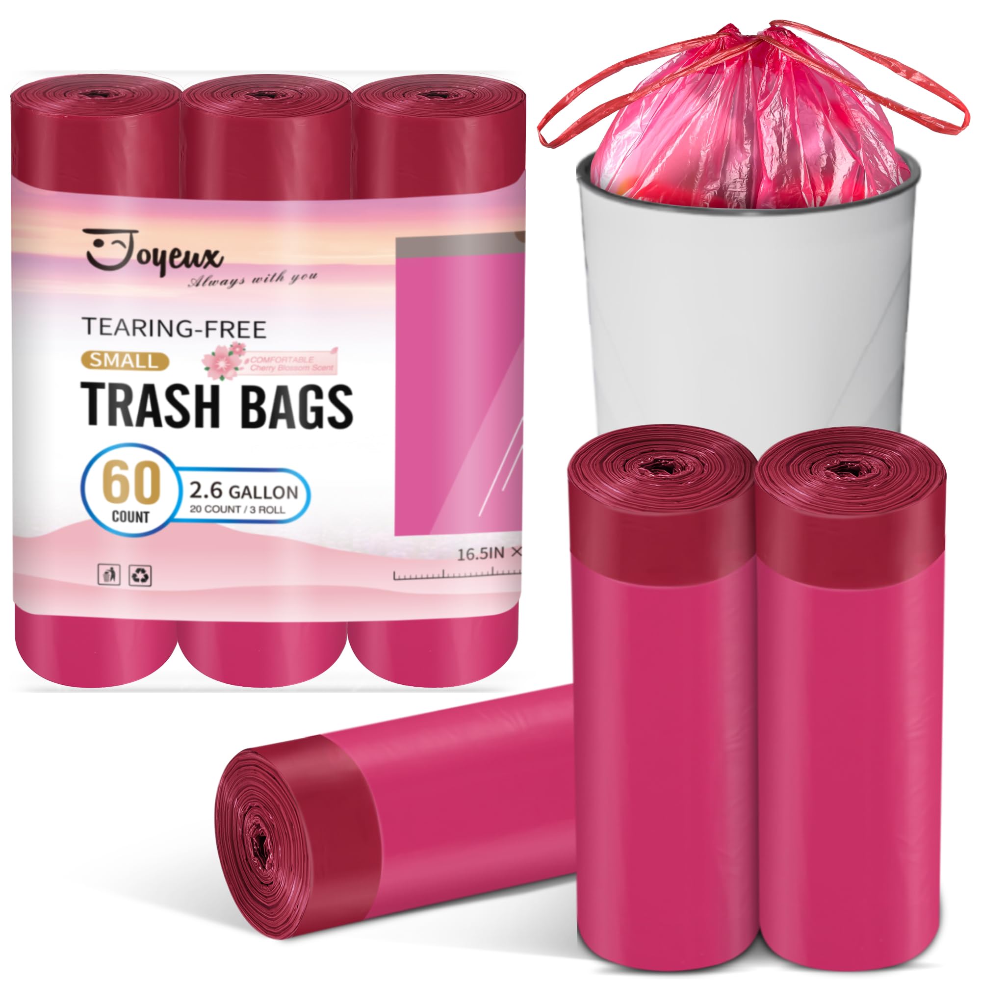 JOYEUX 2.6 Gallon Small Trash Bags Bathroom, Thickened Drawstring Mini Garbage Bags for Home, Office, Kitchen, 60 Count