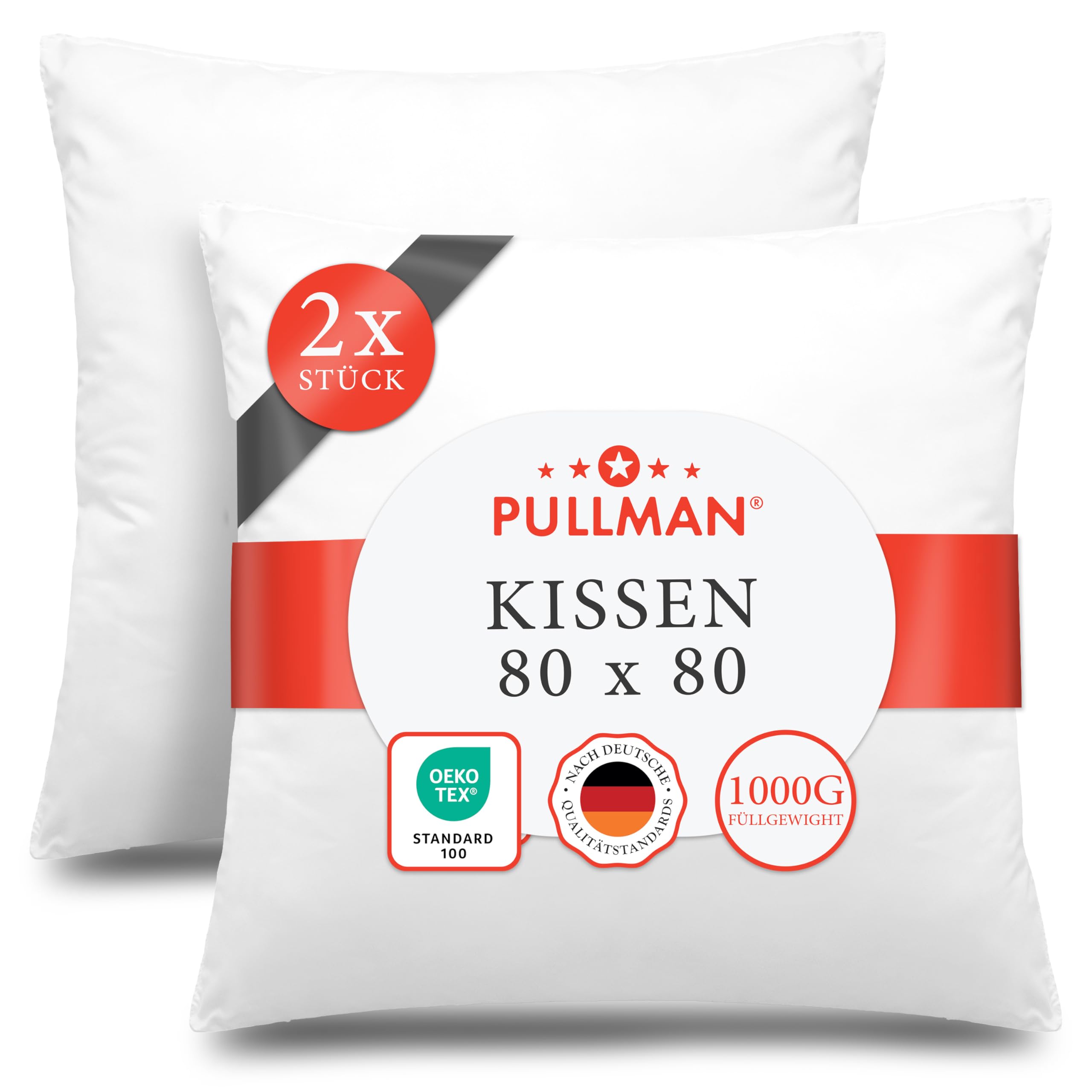 Pullman Kopfkissen 80x80 cm – 2er Set Hotelqualität Mikrofaser Kissen für Nackenschmerzen, Bequemes Allergiker Schlafkissen mit 1000 g Füllmaterial, Oeko-Tex zertifiziertes Bett Kissen (80 x 80)