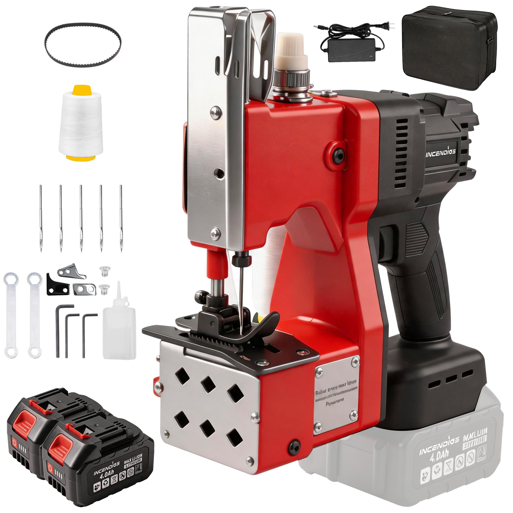 Máquina de Coser Sacos Eléctrica Inalámbrica, Cosedora de Sacos Portátil con Motor Brushless de 280W y 2 Baterías 4.0Ah, Máquina de Cierre para Sacos de 0,2-10 mm para Sacos PP, Papel Kraft y Cuero