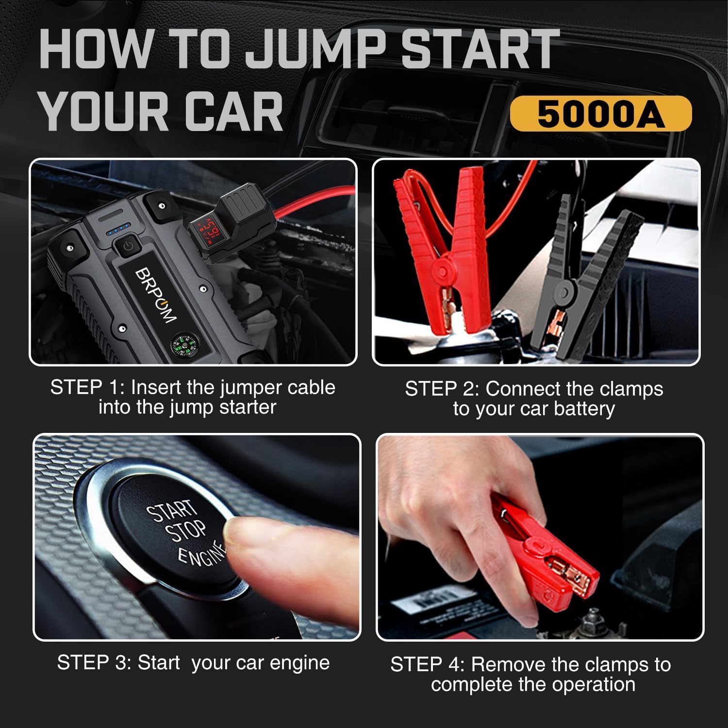 Four-step visual guide on how to jump start a car using the BRPOM 5000A jump starter