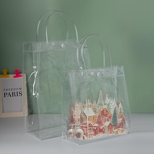 Miniatura 7 de SHIPKEY Paquete de 10 bolsas de regalo transparentes de 8 x 3.1 x 8 pulgadas, bolsa de regalo cuadrada transparente con asas, bolsas de compras de