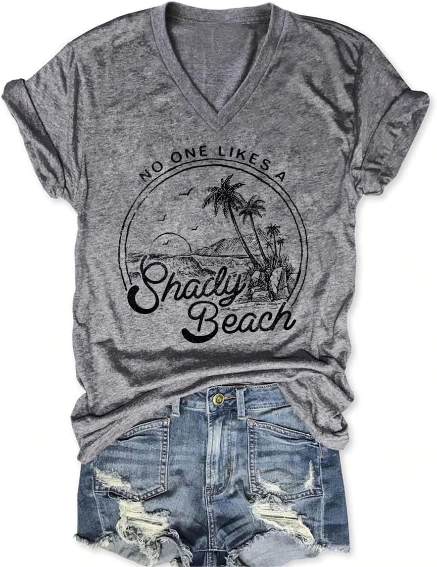Women Summer Beach Tops Trees Print V Neck Short Sleeve Coconut Tree T Shirt Funny Graphic Tees