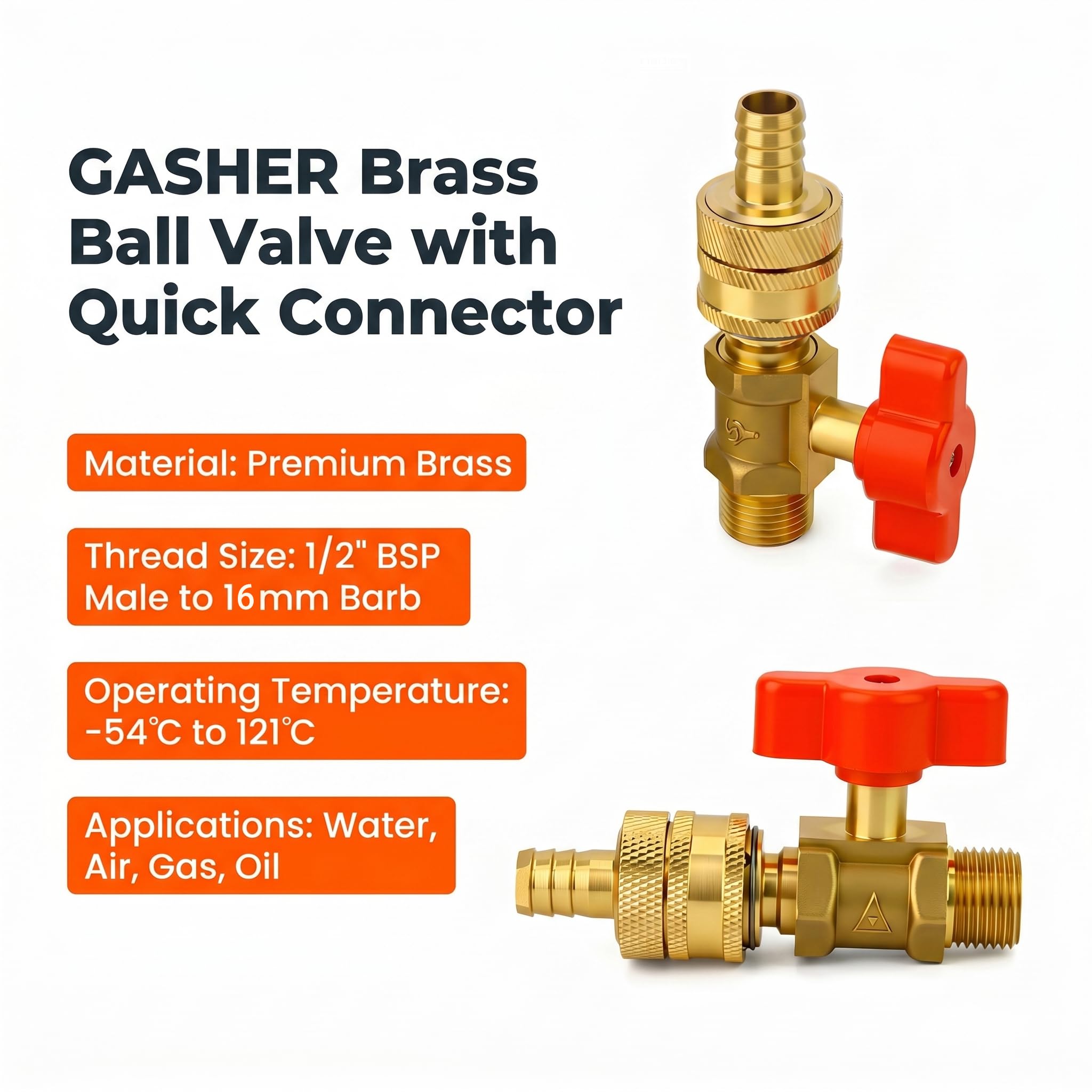 GASHER 5 piezas válvula de bola de latón con conector rápido, rosca macho 1/2 BSP a racor de manguito de 16mm, válvula de cierre por compresión para agua, aire, gas y aceite