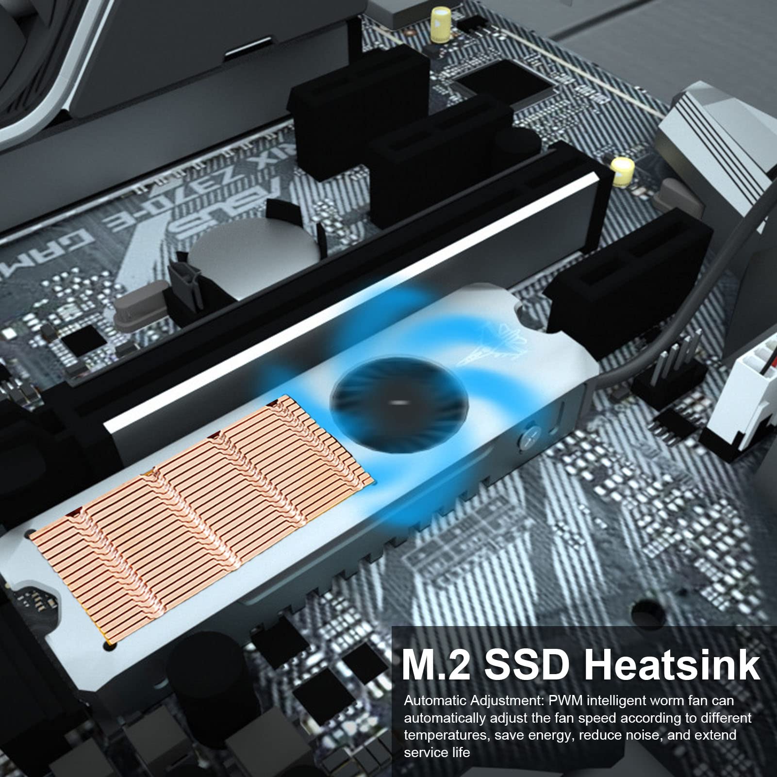 M.2 2280 SSD Dissipatore di calore PWM, ventola a vite senza fine a temperatura controllata, con chip termico in silicio, regolazione automatica 15 prese d'aria di scarico