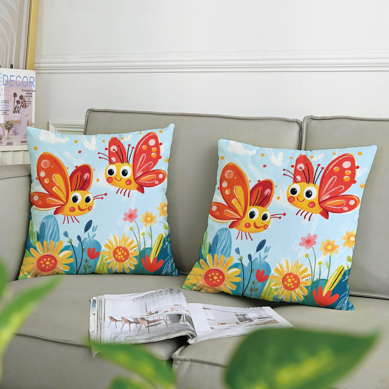 GDHBLING Cartoon Kids Butterflies Pillow Cases Kit of 2, Soft Cute Spring Anime Printing Throw Pillow Covers 20x20 Set, Fun Funny Velvet Decor for Couch Living Room Bed