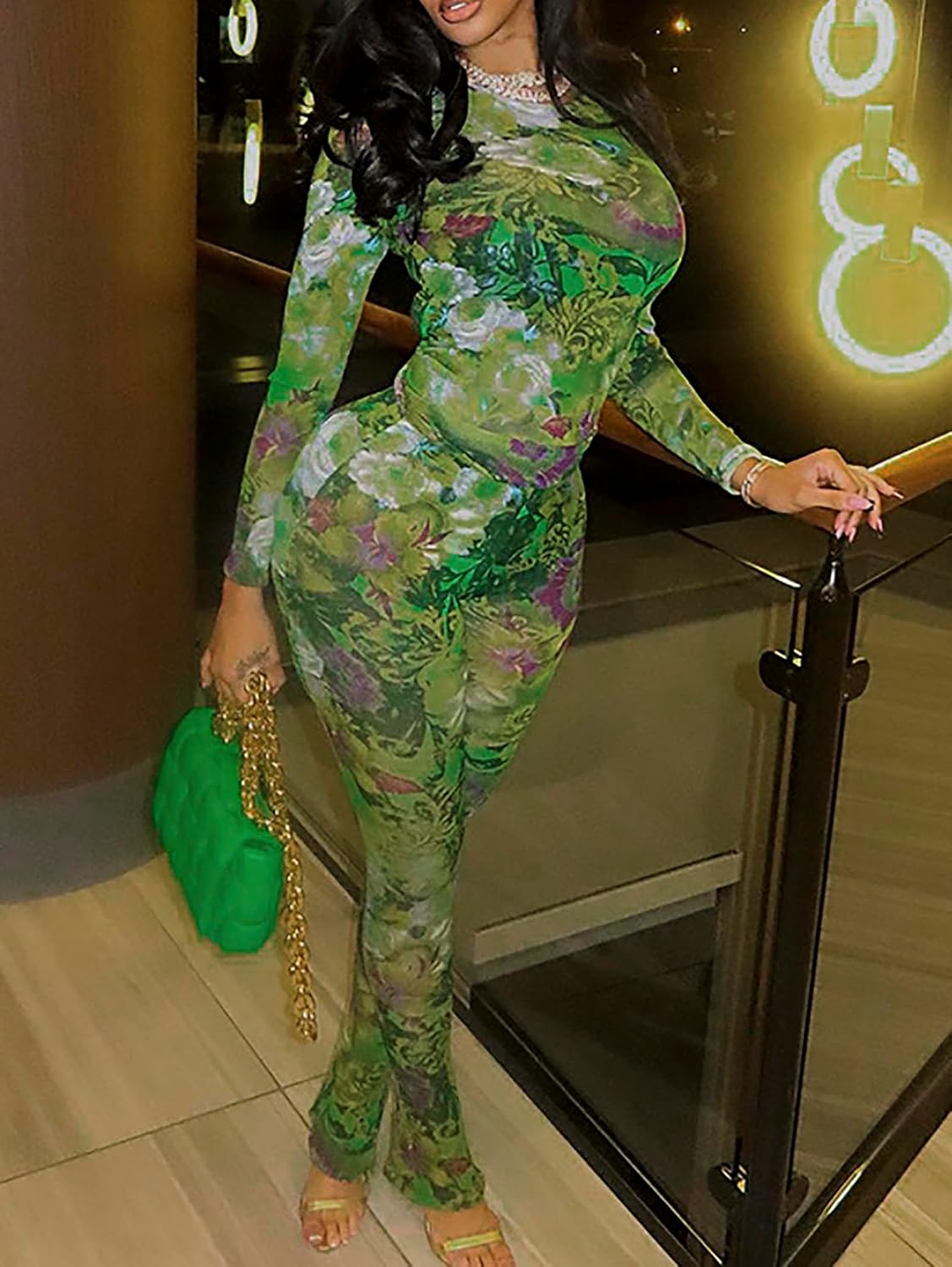 acelyn Women Sexy Two Piece Outfits Mesh Printed Bodycon Flared Pants Sets Club Going Out Birthday Outfits - Image 5