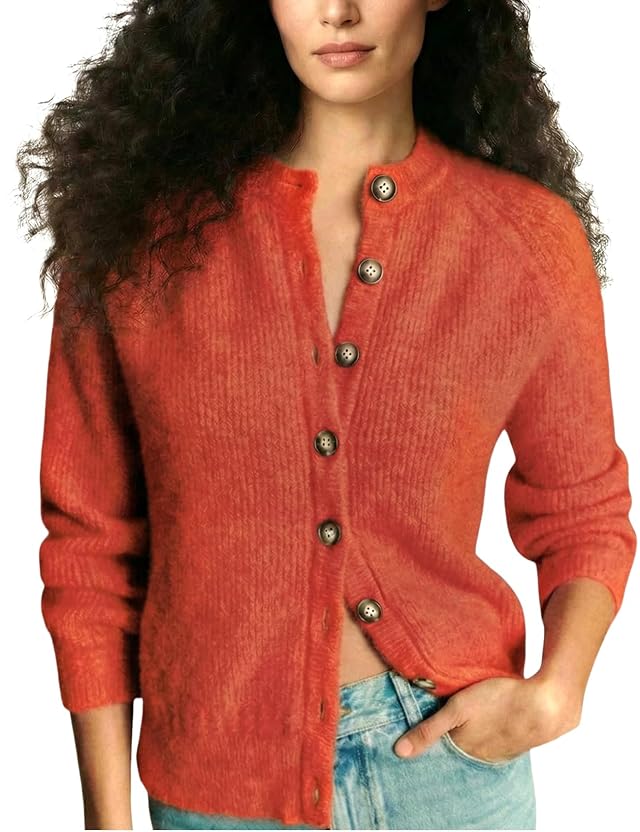 Wyeysyt Womens Crewneck Cardigan Sweater Chunky Knit Sweater Button Down Loose Casual Cardigan