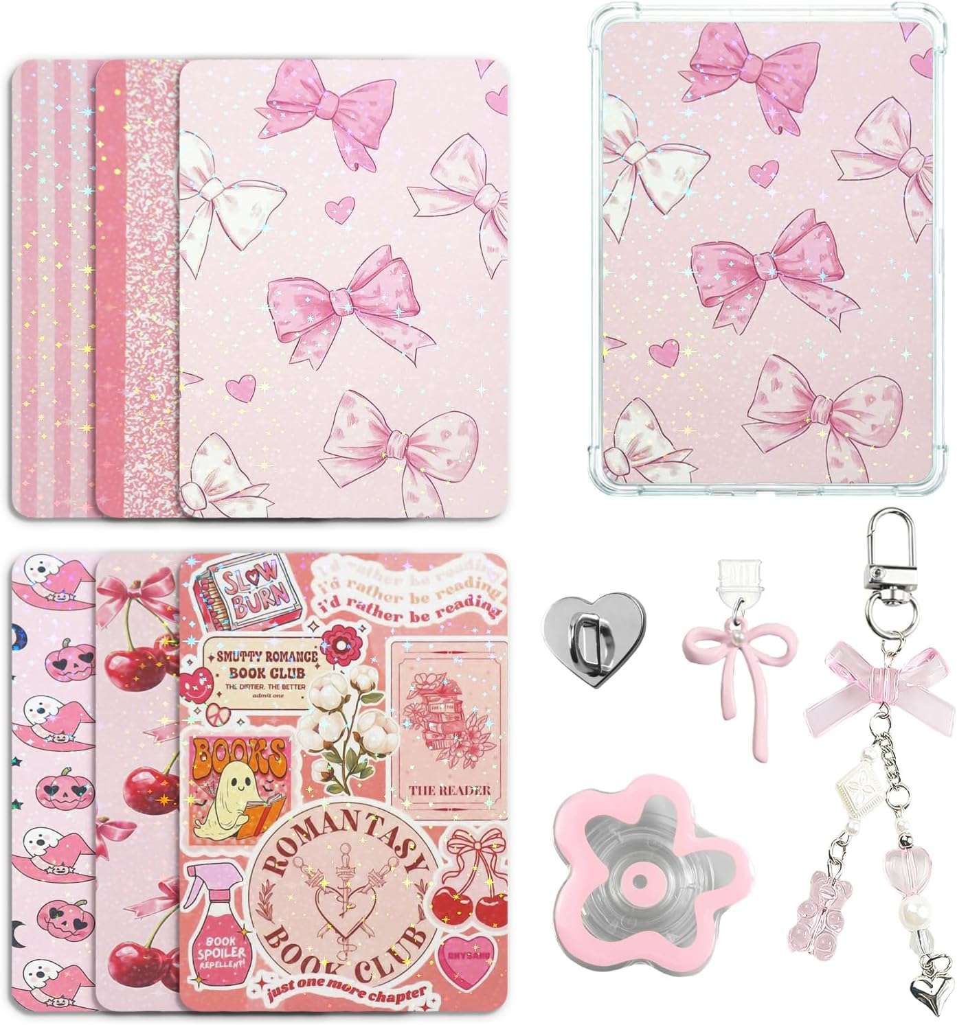 Cute Case Insert Cards Set for Kindle,6 Book-Themed Designs with Charms Set for Kindle and USB-C Dust Plugs,for 11th/12th Generation,6.8 x 4.8 inches(Pink)