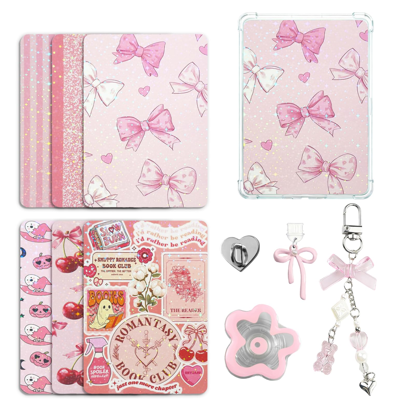 Simpatico set di 6 biglietti con inserti per Kindle, design a tema libro con ciondoli per Kindle e tappi antipolvere USB-C, per 11a/12a generazione, 17,3 x 12,2 cm (rosa)