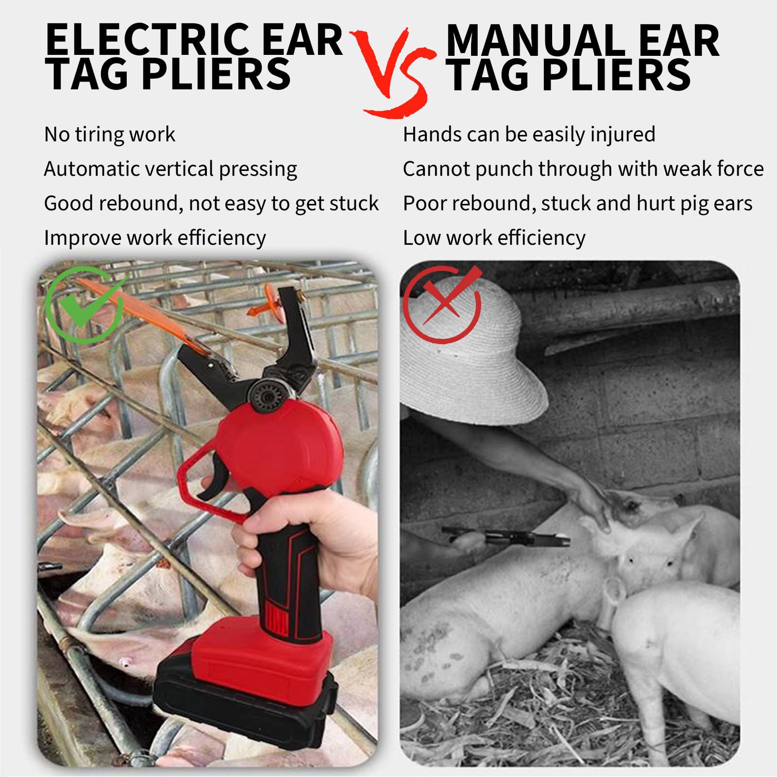 Marcador de Oreja eléctrico para Ganado, Pinzas Automáticas inalámbricas con Contador Digital, 2 Baterías Recargables & 4 Agujas de Repuesto, Rebote Automático para Vacas Cerdos Ovejas
