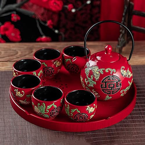 Miniatura 2 de TANFEI Juego de té tradicional de cerámica china, juego de té para fiesta de ceremonia de boda, tetera de porcelana roja china con tazas de té y
