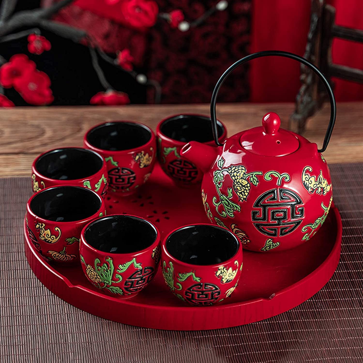 TANFEI Traditional Chinese Ceramic Tea Set, Tea Set for Wedding Ceremony Party, Chinese Red Porcelain Tea Pot With Tea Cups and Tea Tray for Adults (Style A)