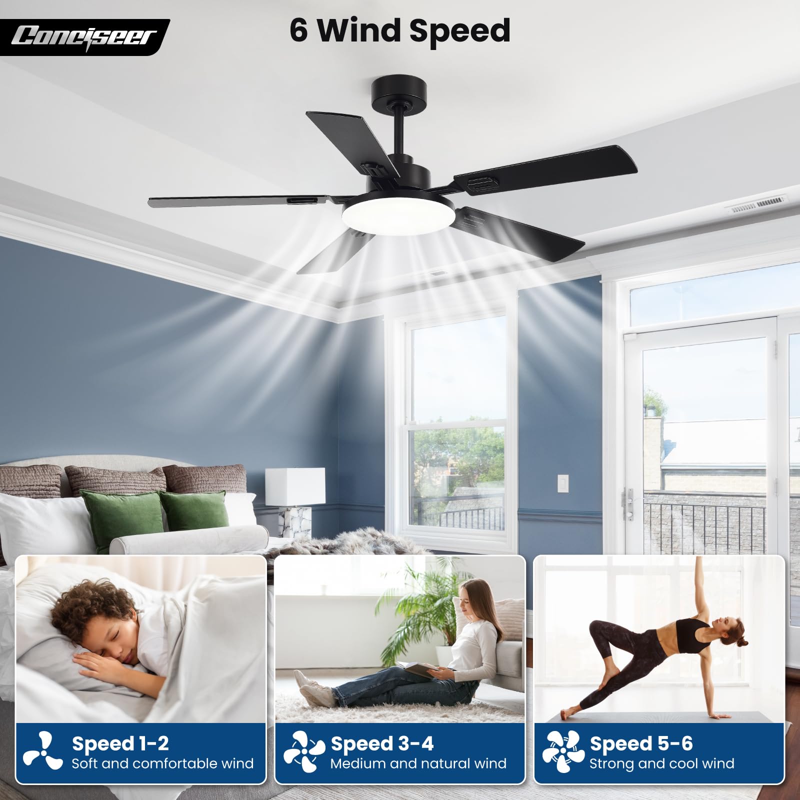 52 Inch Ceiling Fans with Lights and Remote for Bedroom Living Room Kitchen Office Indoor Outdoor Use 5CCT — view 6
