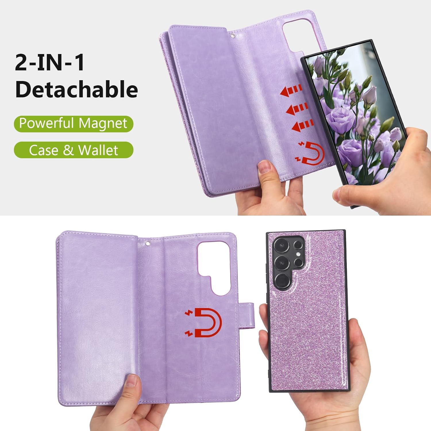 Varikke for Galaxy S22 Ultra Wallet Case Detachable with Card Holder for Women, Glitter Leather Strap Magnetic Flip Wallet Removable Phone Case Cover for Samsung Galaxy S22 Ultra 5G 6.8", Light Purple - Image 3