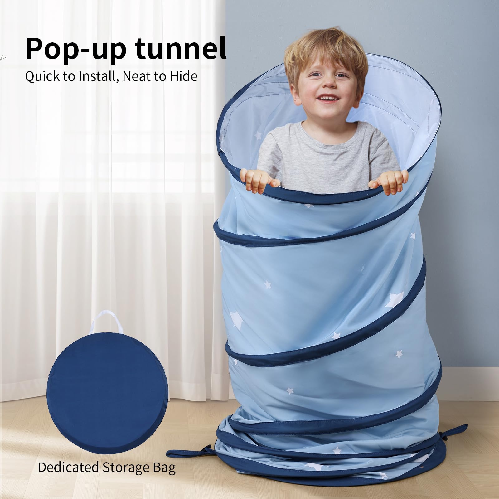 Tunnel de Jeu Pop-up pour Enfants: Tente-Tunnel Pliable en Tissu Peau de Pêche pour Bébés Rampants-Jouet pour Tout-Petits Intérieur Extérieur - Cadeau pour Garçons Filles 175 × 46 cm (Étoiles Bleues)