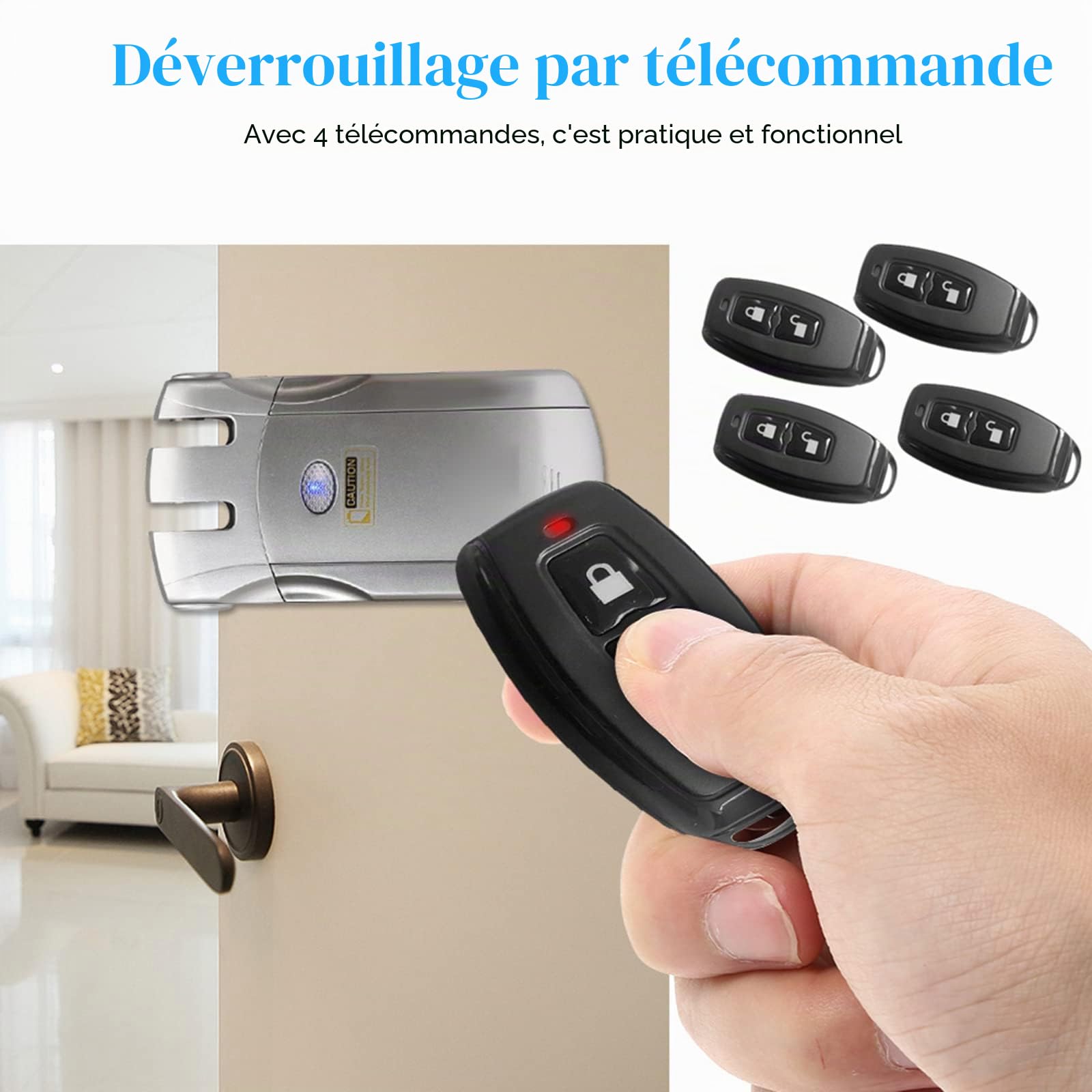 Serrure de télécommande sans fil de sécurité invisible entrée de porte sans clé serrure intelligente en alliage de zinc métal avec 2/4 clés à distance Système de sécurité, Argent, 4controls