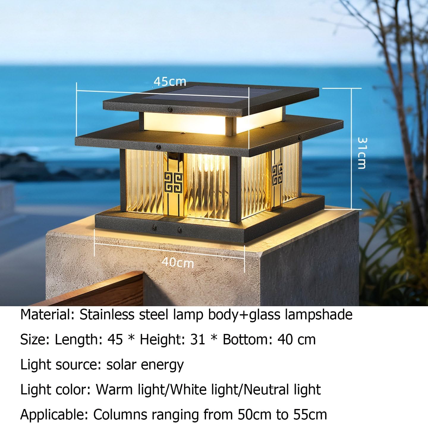 MADISH Solar Post Cap Light, Traditional Double Eave Outdoor Pillar Lamp, IP65 Waterproof Dusk To Dawn LED Fence Post Light, Glass Shade,Warm White For Patio,Garden,Driveway,Fits Wooden & Concrete Pos