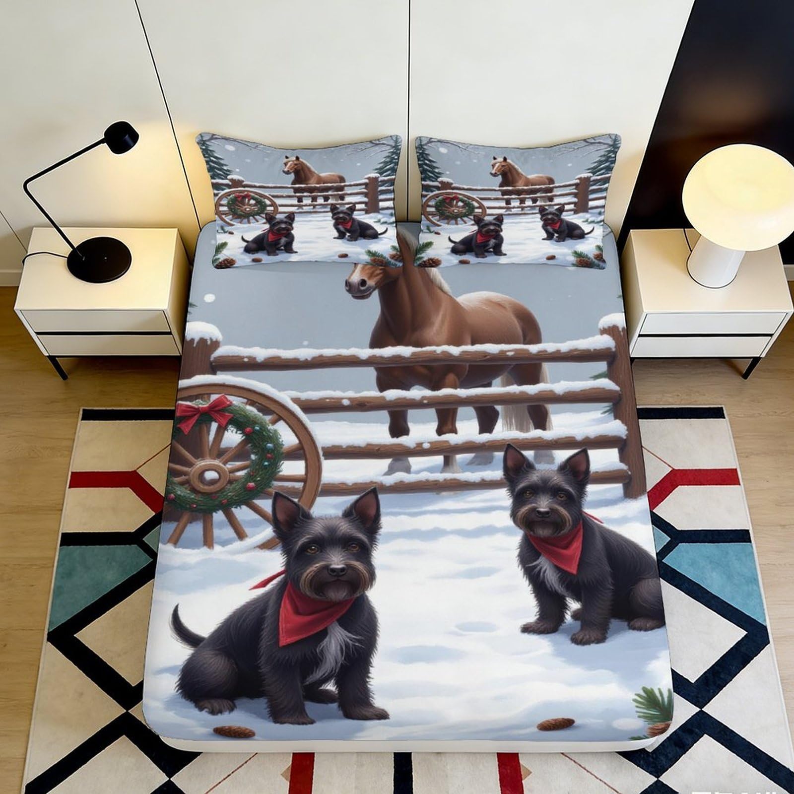 3D Printed Winter Horse Fitted Sheet Microfiber Black Puppy Mattress Cover for Bedroom Guest Room Dorm Decoration 90x200x25cm