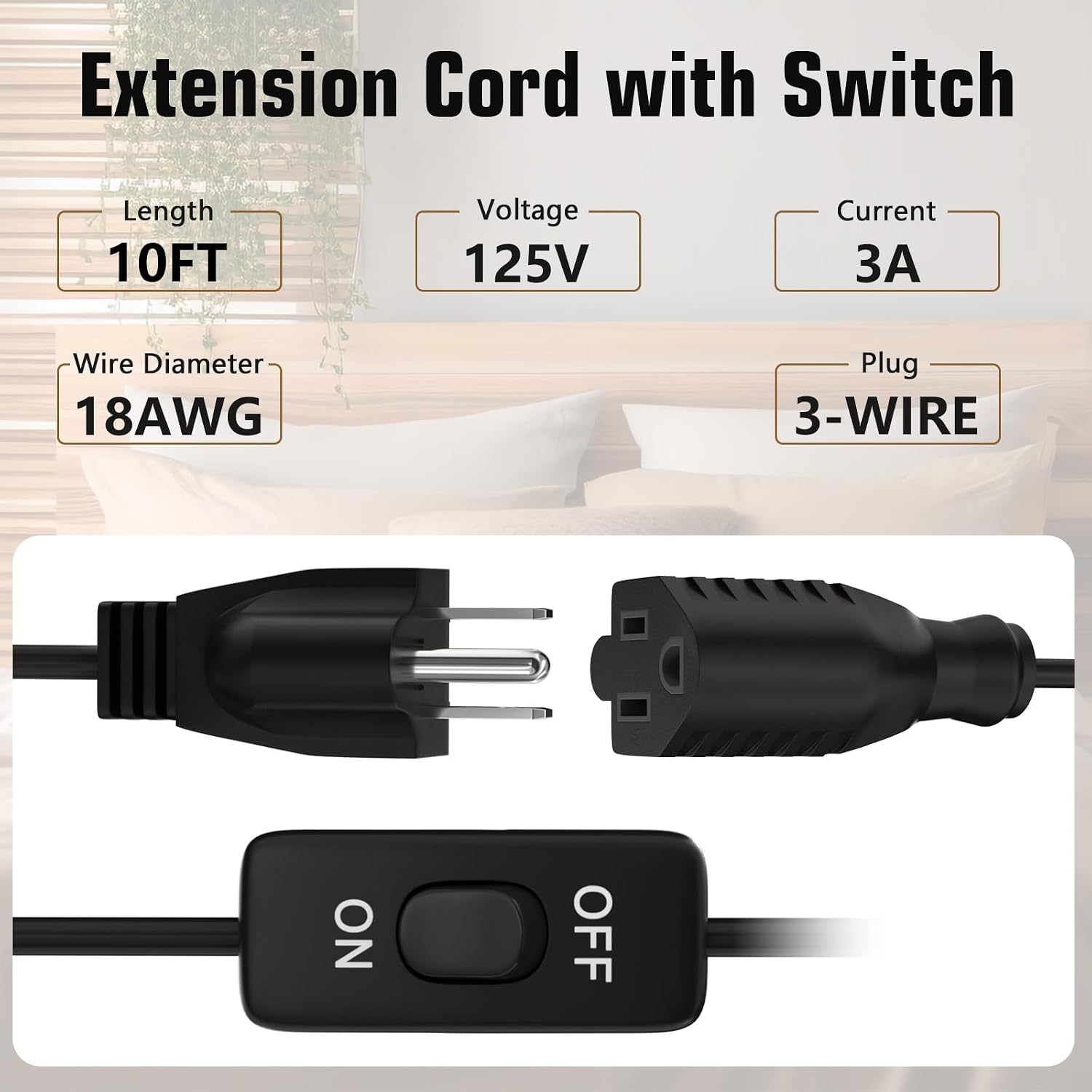 Extension Cord with Switch On/Off 3 Prong,1625W 18AWG Black Indoor Power Cord, 3A 125V NEMA 5-15P to NEMA 5-15R Grounded Plug Receptacle 10FT