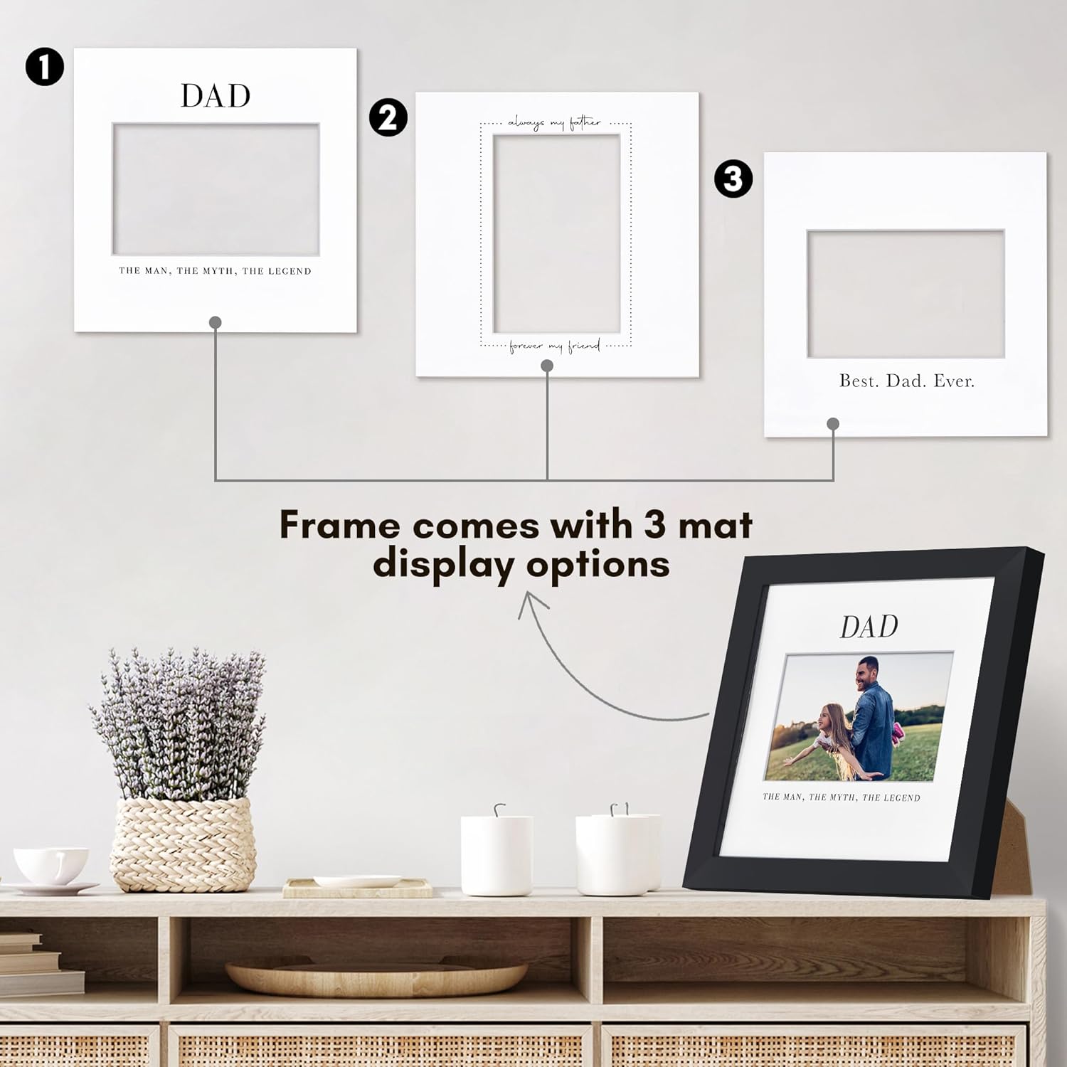 Americanflat Dad Picture Frame - Use as 4x6 Frame with 3 Interchangeable Mats or Display 8x8 Photos without Mat - Signature Collection - Gifts for Dad - Black - Image 4