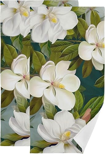 susiyo Juego de 2 toallas de mano con estampado de flores de magnolia blanca con hojas verdes para baño, juego de 2 toallas de cara de algodón