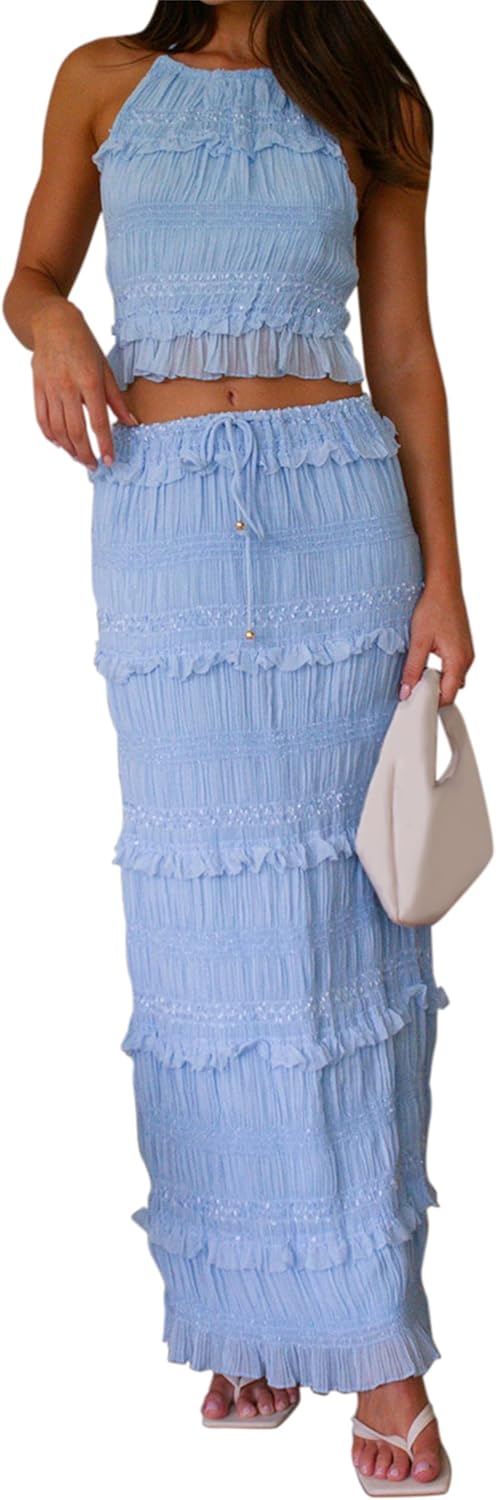 Womens Y2k 2 Piece Outfits Halter Neck Tank Tops Ruffle Maxi Skirt Beachwear