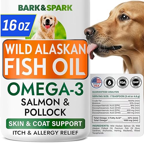 BARK&SPARK Aceite de pescado Omega 3 para perros, con aceite de salmón salvaje de Alaska para perros, suplemento líquido de aceite de pescado para