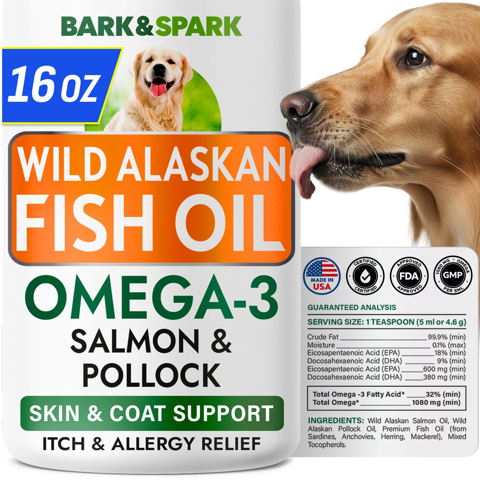 BARK&SPARK Omega 3 Fish Oil for Dogs - w/Wild Alaskan Salmon Oil for Dogs, Fish Oil Liquid Supplement for Pets, EPA+DHA Fatty Acids, Skin&Coat Support - Itch&Allergy Relief, Joint, Immune&Heart Health | Made in USA - Skin&Coat Support, Itch & Allergy Relief, Hip & Joint, Immune & Heart Health - EPA+DHA Fatty Acids, 16 oz